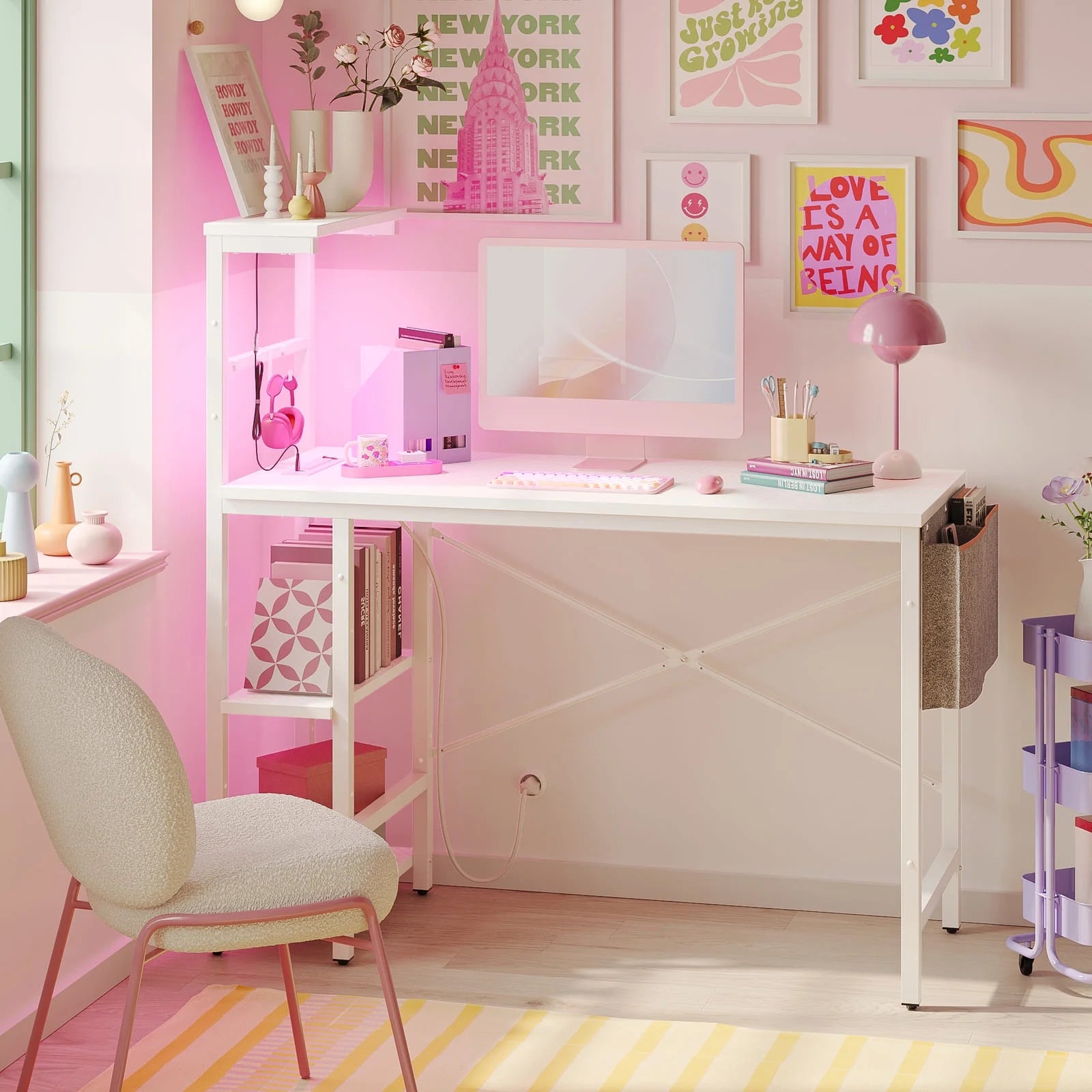 44.3 Inch LED Gaming Desk with Outlets & USB Ports Computer Office Desk with Storage Shelves in White Carbon Fiber