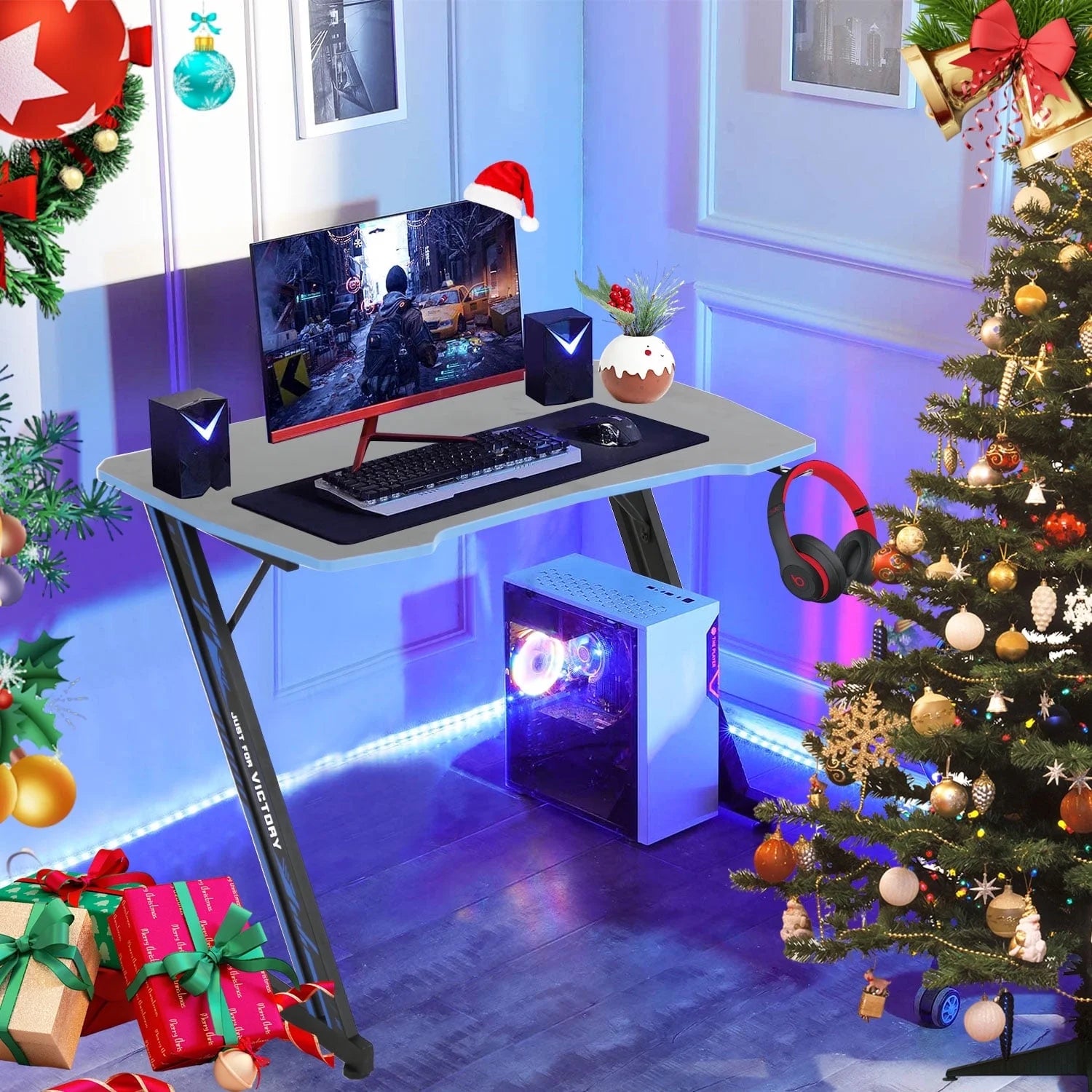 47 Inch Gaming Desk, Z Shaped PC Computer Desk Gaming Workstation with Headphone Hook, Ergonomic Gaming Table PC Desk for Game Players, Blue