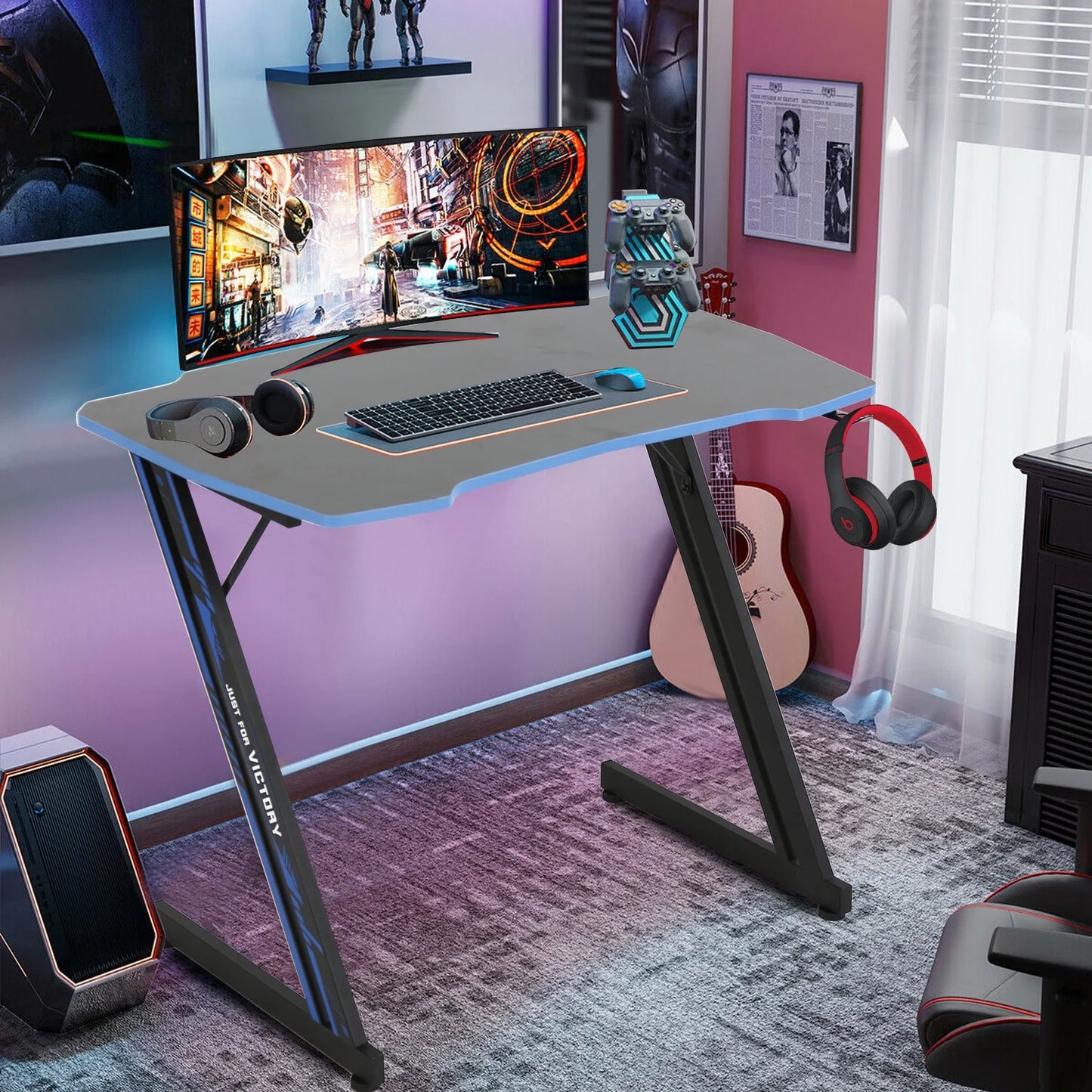 47 Inch Gaming Desk, Z Shaped PC Computer Desk Gaming Workstation with Headphone Hook, Ergonomic Gaming Table PC Desk for Game Players, Blue