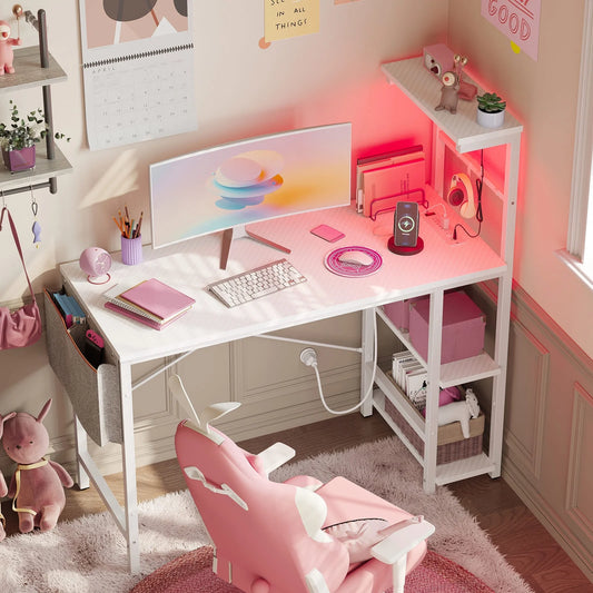 44.3 Inch LED Gaming Desk with Outlets & USB Ports Computer Office Desk with Storage Shelves in White Carbon Fiber